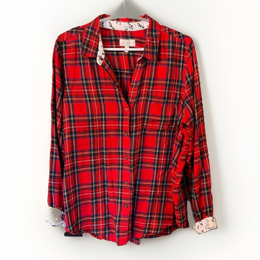 Lucky Brand Cottagecore Patchwork Floral Red Plaid Flannel Shirt Women's L
